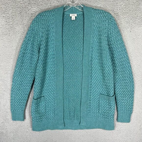 LL Bean Cardigan Sweater Womens Small Blue Cotton Ragg Open Front Outdoors - Picture 1 of 6